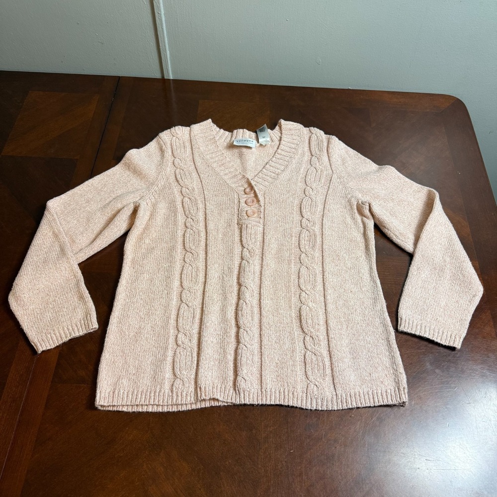 VTG Villager Liz Claiborne Pink Cable Knit Henley Sweater Women Size 1‎